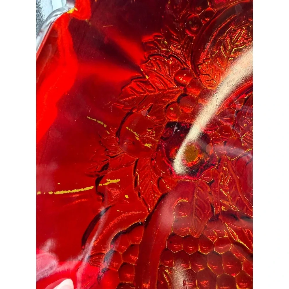 Vintage Ruby Red Amberina Glass Footed Bowl Scalloped Fruit Pattern Centerpiece